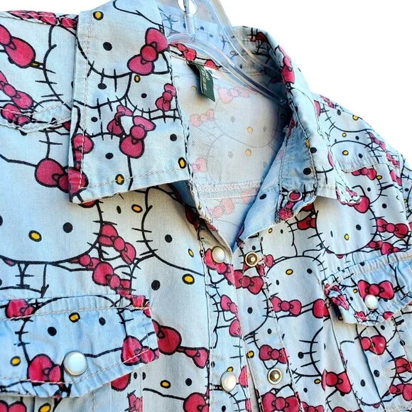 Hello Kitty Pearl Snap Shirt Cotton Long Sleeve Western Womens S Blue Gray - Picture 7 of 10